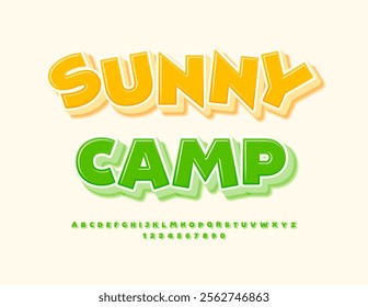 Vector touristic emblem Sunny Camp. Playful Yellow 3D Font. Isometric Alphabet Letters and Numbers set.