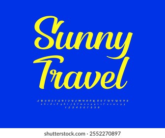 Vector touristic emblem Sunny Travel. Beautiful Cursive Font. Yellow Calligraphic Alphabet letters, Numbers and Symbols set.