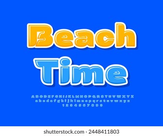 Vector touristic flyer Beach Time. Creative Blue Font. Modern Glossy Alphabet Letters and Numbers set.