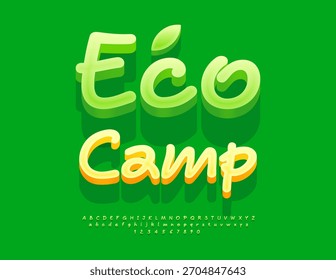 Vector Volante turístico Eco Camp. Fuente verde manuscrita moderna. Conjunto creativo de letras y números del alfabeto 3D