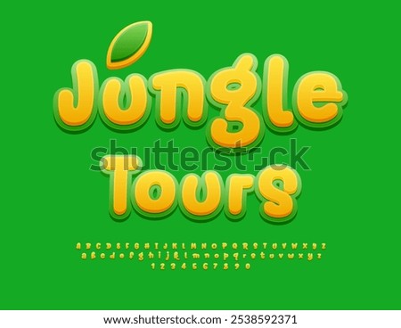 Vector touristic flyer Jungle Tours. Funny Handwritten Font. Bright Alphabet Letters and Numbers set.