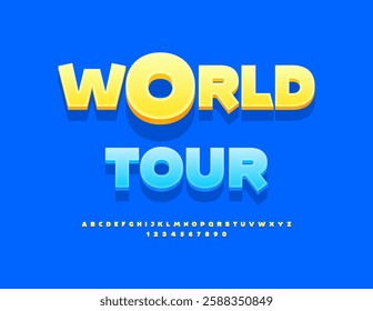 Vector Touristic flyer logo Tour. Sunny Yellow Font. Creative Isometric Alphabet Letters and Numbers.
