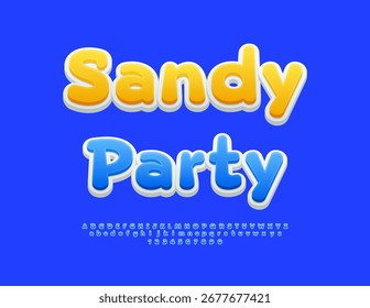 Vector Touristic flyer Sandy Beach. Cute Round Blue Font. Decorative Alphabet Letters and Numbers set.
