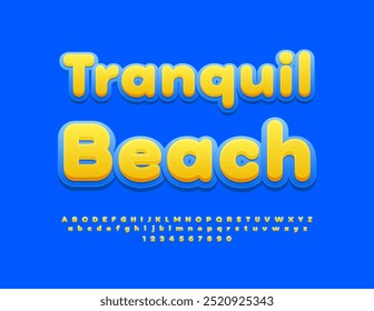 Flyer turístico vetor Praia Tranquil. Fonte amarela e azul clara. Letras e Números Alfabetos Modernos.