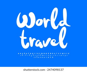 Vector touristic flyer World Travel. Playful White Font. Modern Alphabet Letters and Numbers set.