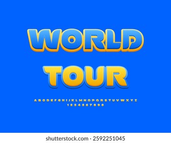 Vector Touristic flyer World Travel. Summer Yellow Font. Modern Stylish Alphabet Letters and Numbers set.