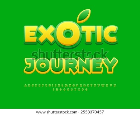 Vector touristic icon Exotic Journey. Artistic Green Font. Bright Alphabet Letters and Numbers set.