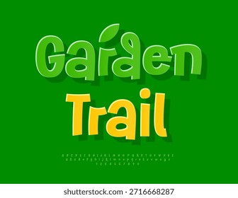 Logotipo turístico del Vector Garden Trail. Eco fuente verde. Conjunto de letras y números del alfabeto de pegatinas escritas a mano. 