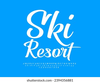 Vector touristic logo Ski Resort. Beautiful Calligraphic Font. Handwritten set of Alphabet Letters and Numbers set