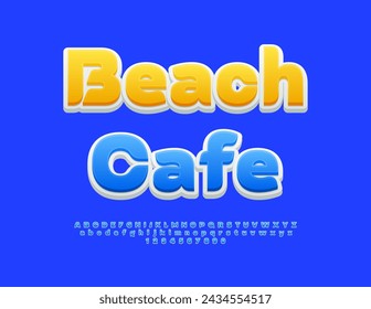 Vector touristic poster Beach Cafe. Blue and White modern Font. Set of Alphabet Letters and Numbers