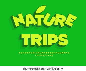 Viajes de Naturaleza de póster turístico de Vector. Modern Green 3D fuente. Conjunto de letras y números de alfabeto isométrico.