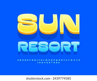 Vector touristic poster Sun Resort. Elegant Blue Font. Artistic 3D Alphabet Letters and Numbers set.
