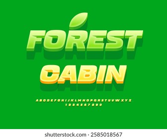 Vector Touristic sign Forest Cabin. Sunny Yellow Font Font. Creative 3D Alphabet Letters and Numbers set.