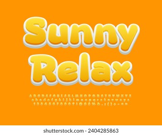 Signo turístico vectorial Sunny Relax. Fuente 3D Amarilla. Se han establecido las letras y números de alfabeto creativos modernos.