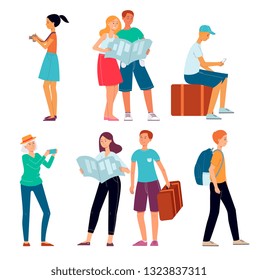 Vector tourists and travellers set. Men, women making selfie, looking into road map, sitting at travel bag, walking with backpack. Young, elderly people, couples travelling at vacation.