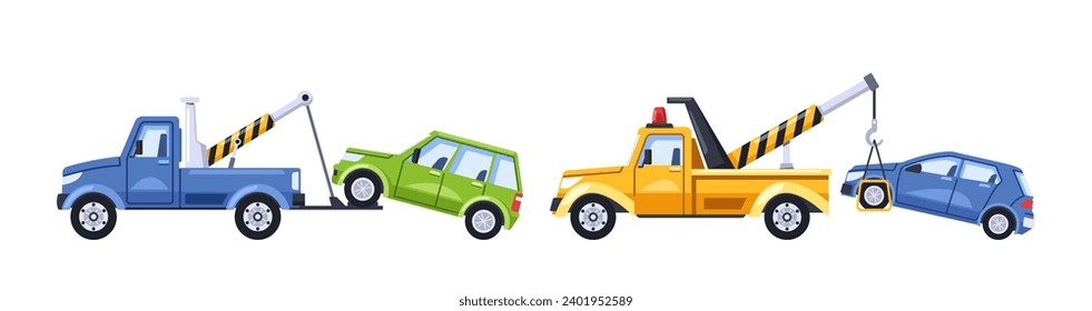 Vector Tow Trucks with Improperly Parked Cars on Hook, Enforcing Order By Relocating Vehicles To The Penalty Area