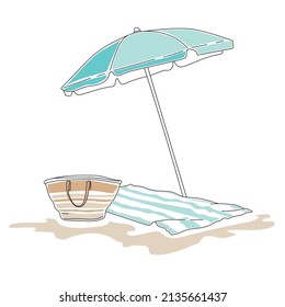 Vector Towel and Bag under sun umbrella, summer beach illustration