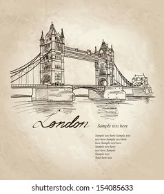 Vector Tower Bridge, London, England, UK, Europe. Hand Drawing Old Fashion Illustration Background With Copy Space. 