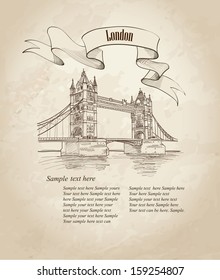 Vector Tower Bridge, London, England, UK, Europe. Hand Drawing Old Fashion Illustration Background With Copy Space. 