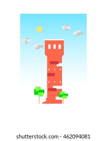 Vector tower, trees on the background of clouds and sun