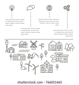 Vector Town and Farming Illustration in Linear Style - buildings, barn, mill, tractor and trees. Rural landscape background. Agricultural Land. Thin line art icons.