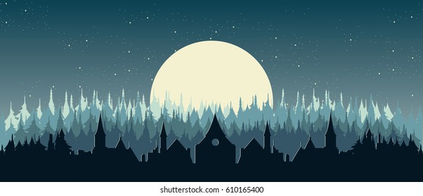 Vector town in the forest , night sky, stars  and full moon