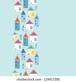 Vector town houses vertical seamless pattern background with hand drawn elements.