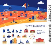 Vector town illustration for your infographics with set of isolated buildings, transportation, showplaces and trees 