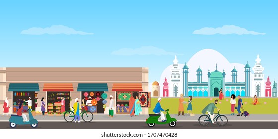 Vector of town from India with traditional buildings, people and busy street food market