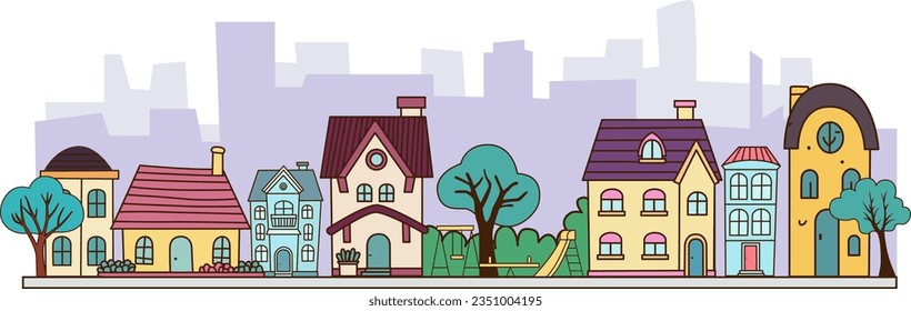 vector town life. many colorful buildings with colorful roofs. houses with trees vector illustration on white backhround.