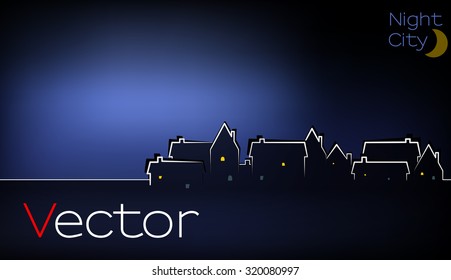 Vector of Town at Night with illuminated copy space for your text  on top left, darker area for additional text on bottom. Dark blue colors, blurred background. City in the bottom right. eps 10