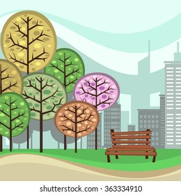 vector town park with colorful trees and chair in abstract urban style with building background