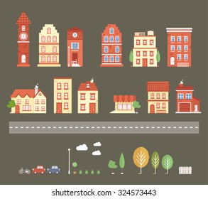 Vector town set. Elements for city illustration. Buildings, transport. trees icons. Town infographic elements. Vector illustration