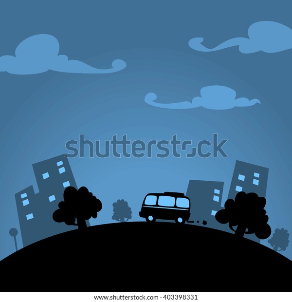vector town silhouette with car trees\
and tall building in cartoon illustration\
style