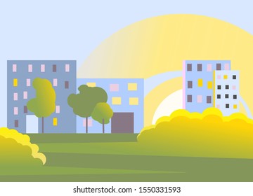 Vector town view in the morning. City landscape with rising sun and green park in front. Design element. Background urban illustration.