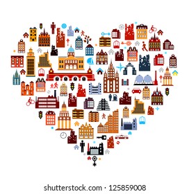 Vector townhouses built as heart on white background