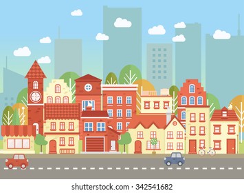 Vector town's street. Flat cityscape. Vector illustration