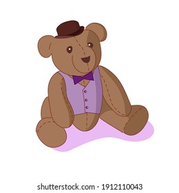 Vector toy bear sitting. In a hat, a tie and a lilac vest