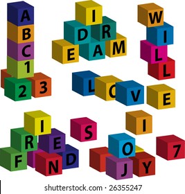 Vector toy blocks with letters forming the words "love", "will", "dream", "friend", "joy"