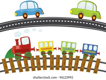 Vector toy cars and train for children