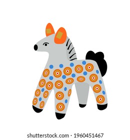 vector toy horse with a pattern in the national Russian Dymkovsky ornament, isolated on a white background.Collection of Kirov toys. Illustration in the cartoon style. Russian Maslenitsa