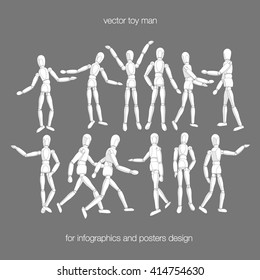 Vector toy man set. Constructor toy dummy man in actions. Wooden toy dummy man in different poses isolated. Vector toy people. Vector dummy man. 