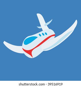 Vector toy plane, childlike drawing on clear blue background
