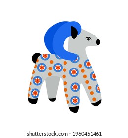 vector toy ram with a pattern in the national Russian Dymkovsky ornament, isolated on a white background.Collection of Kirov toys. Illustration in the cartoon style. Russian Maslenitsa