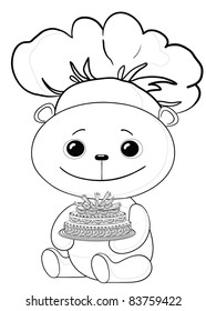 Vector, toy teddy bear cook with sweet holiday cake, contours