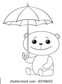 Vector, toy teddy bear sitting  under the umbrella, contours