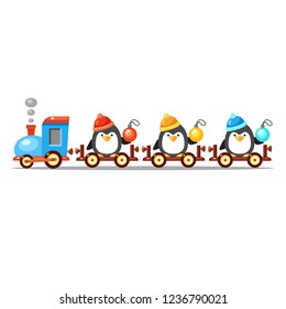 Vector toy train with three cute little penguins in warm hats holding balls of different color. Christmas card. Cartoon animal funny winter illustration