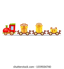 Vector toy train with yellow cheese presents. Christmas card with gift boxes. Cartoon funny winter illustration