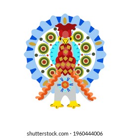 pavo de juguete vector con patrón en el ornamento nacional ruso Dymkovo aislado en fondo blanco.Colección de juguetes Kirov. Ilustración en el estilo de las caricaturas poo. Maslenitsa rusa