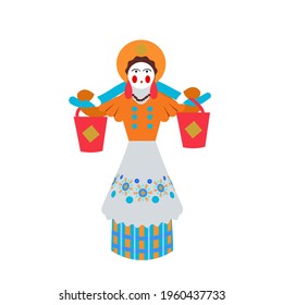 Vector toy woman with buckets on a rocker in the national Russian Dymkov ornament, isolated on a white background. Russian folk crafts. Illustration of a Russian toy in a flat cartoon style